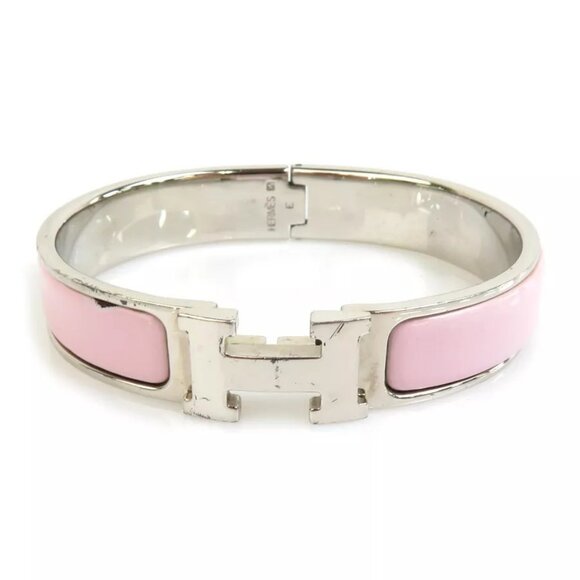 Auth HERMES Clic Clac H Bangle Bracelet Silver/Light Pink Metal/Enamel - Picture 2 of 10